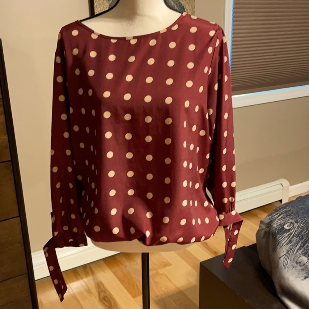 Metaphor burgundy and cream polka dot blouse